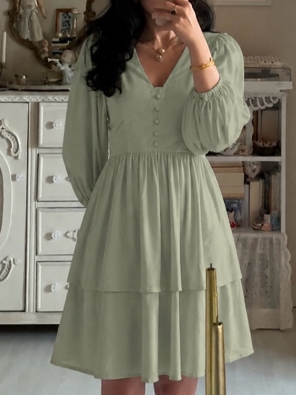 Sage Long-Sleeve Tiered V-Neck Dress